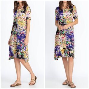 Johnny Was Sky Flower Short Sleeve Bamboo Knit Swing Dress Sz Small